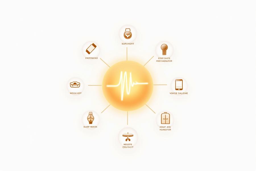 Diagramma che mostra l'AI Coach di Anima Sana al centro, con connessioni a vari dispositivi indossabili (Apple Watch, Fitbit, Garmin), app per la salute (MyFitnessPal, Strava, Sleep Cycle) e assistenti vocali (Alexa, Google Home).