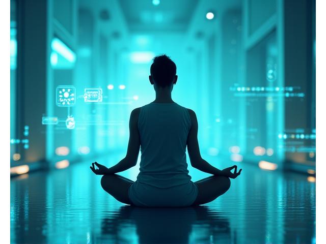 Una persona medita in un ambiente tecnologico sereno, combinando schermi futuristici e tranquillità
