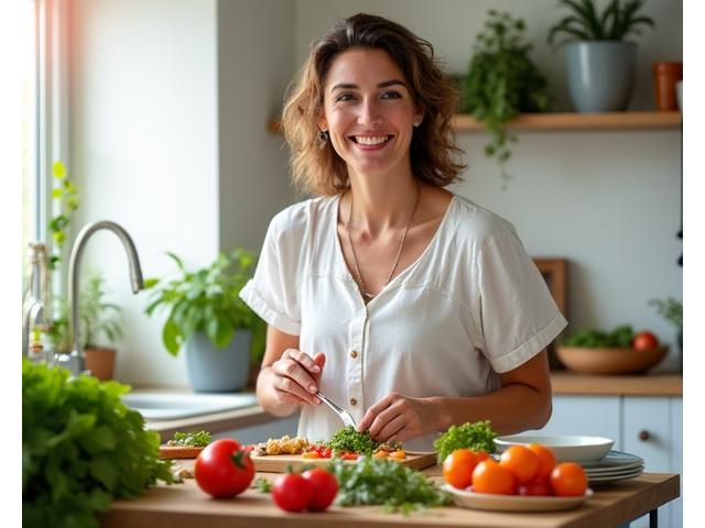Donna di 40 anni che prepara un pasto sano e equilibrato in una cucina moderna e luminosa