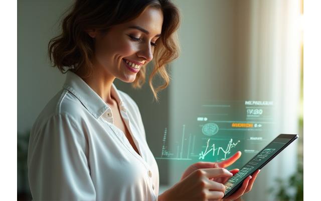 Donna italiana di 40 anni che sorride mentre usa un tablet, con grafici di benessere sullo schermo e sfere di luce intorno