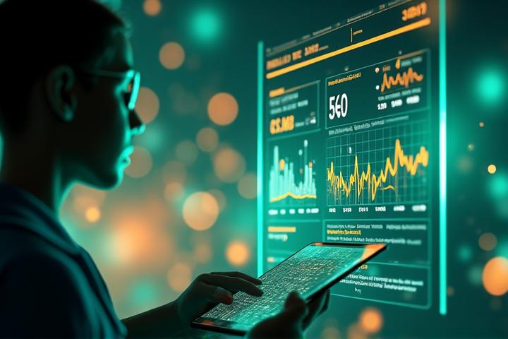 Interfaccia utente di un'applicazione moderna per il tracciamento del benessere con grafici e dati personalizzati su uno sfondo futuristico.